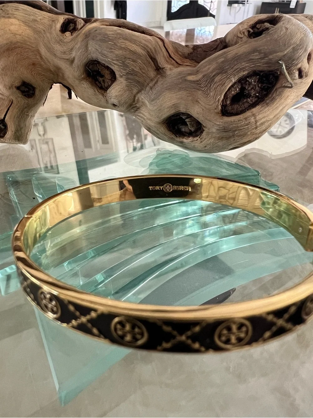 Tory Burch Black and Gold Logo Enamel Bangle